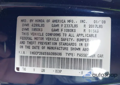 2009 Honda Accord 2.4 Lx-P z USA, uszkodzony, nr VIN 1HGCP26459A098496